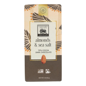 Endangered Species Natural Chocolate Bar - Dark Chocolate - 72 Percent Cocoa - Sea Salt And Almonds - 3 Oz Bars - Case Of 12 - Maras Green
