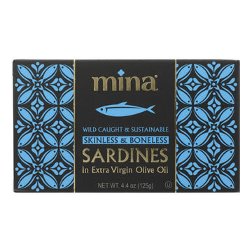 Mina - Sardines Sk/bo In Evoo - Case Of 12 - 4.4 Oz - Maras Green