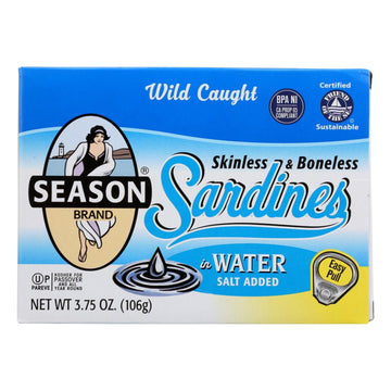 Season Brand Sardines - Skinless And Boneless - In Water - Salt Added - 3.75 Oz - Case Of 12 - Maras Green