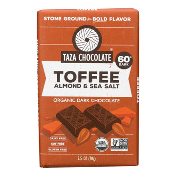 Taza Chocolate Stone Ground Organic Dark Chocolate Bar - Toffee Almond And Sea Salt - Case Of 10 - 2.5 Oz. - Maras Green