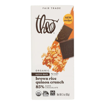 Theo Chocolate Black Rice Quinoa Crunch - 85 Percent Dark Chocolate - Case Of 12 - 3 Oz. - Maras Green