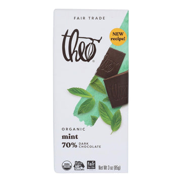 Theo Chocolate Organic Chocolate Bar - Classic - Dark Chocolate - 70 Percent Cacao - Mint - 3 Oz Bars - Case Of 12 - Maras Green