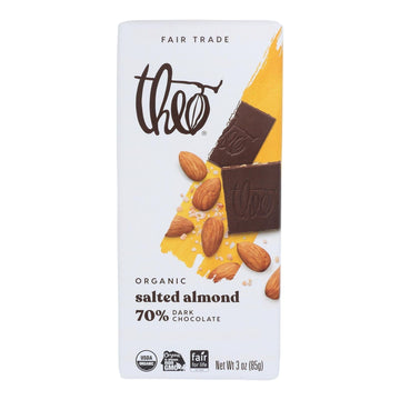 Theo Chocolate Organic Chocolate Bar - Classic - Dark Chocolate - 70 Percent Cacao - Salted Almond - 3 Oz Bars - Case Of 12 - Maras Green