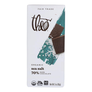 Theo Chocolate Organic Chocolate Bar - Classic - Dark Chocolate - 70 Percent Cacao - Sea Salt - 3 Oz Bars - Case Of 12 - Maras Green
