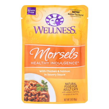 Wellness Pet Products Cat Food - Morsels With Chicken And Salmon In Savory Sauce - Case Of 24 - 3 Oz. - Maras Green